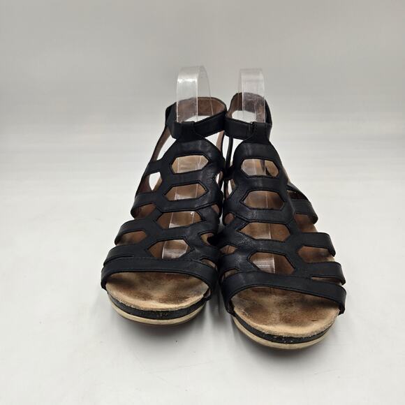 Dansko Valentina Women’s Sz 11 EU 42 Gladiator Sandals Wedge Black Leather Caged - Picture 2 of 8